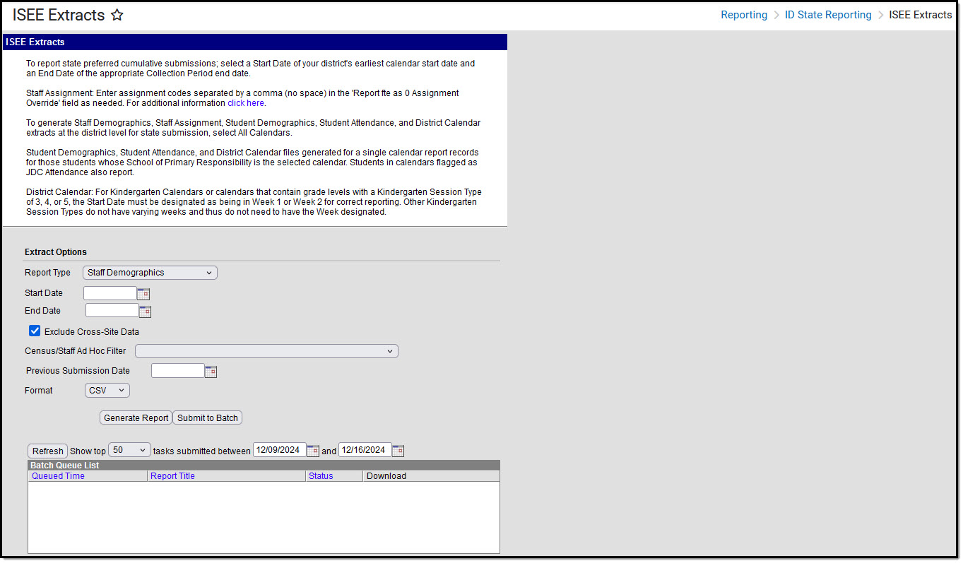 Screenshot of the Staff Demographics ISEE extract editor.