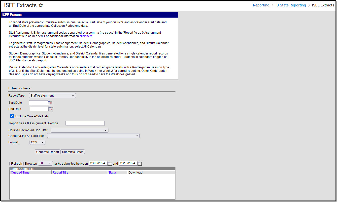 Screenshot of the ISEE  Extract Editor with Staff Assignment report type selected.