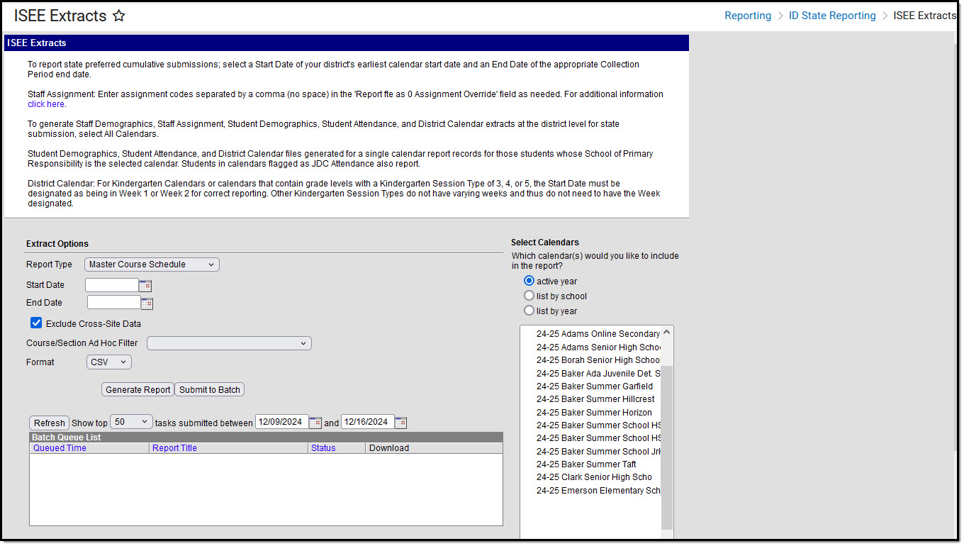 Screenshot of the ISEE editor with master course schedule option selected