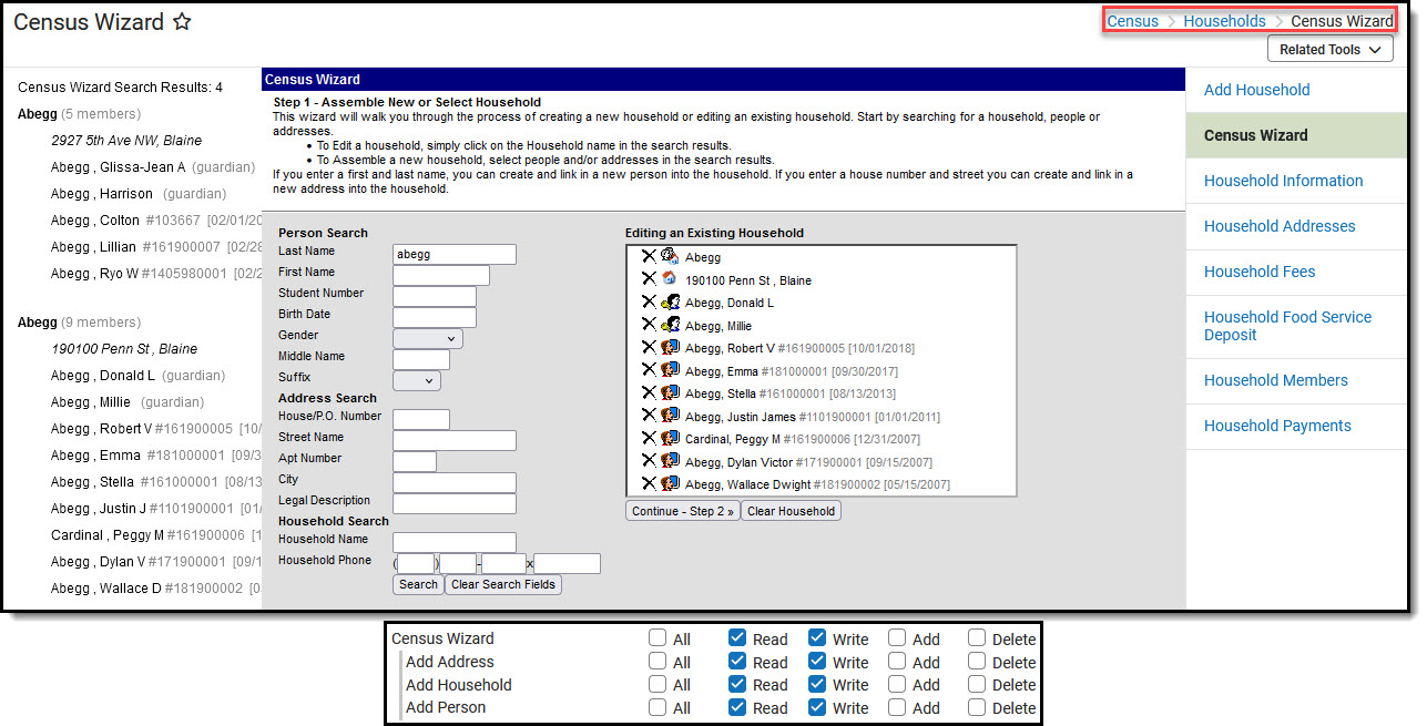 Screenshot of Census Wizard tool with screenshot of tool rights options beneath.