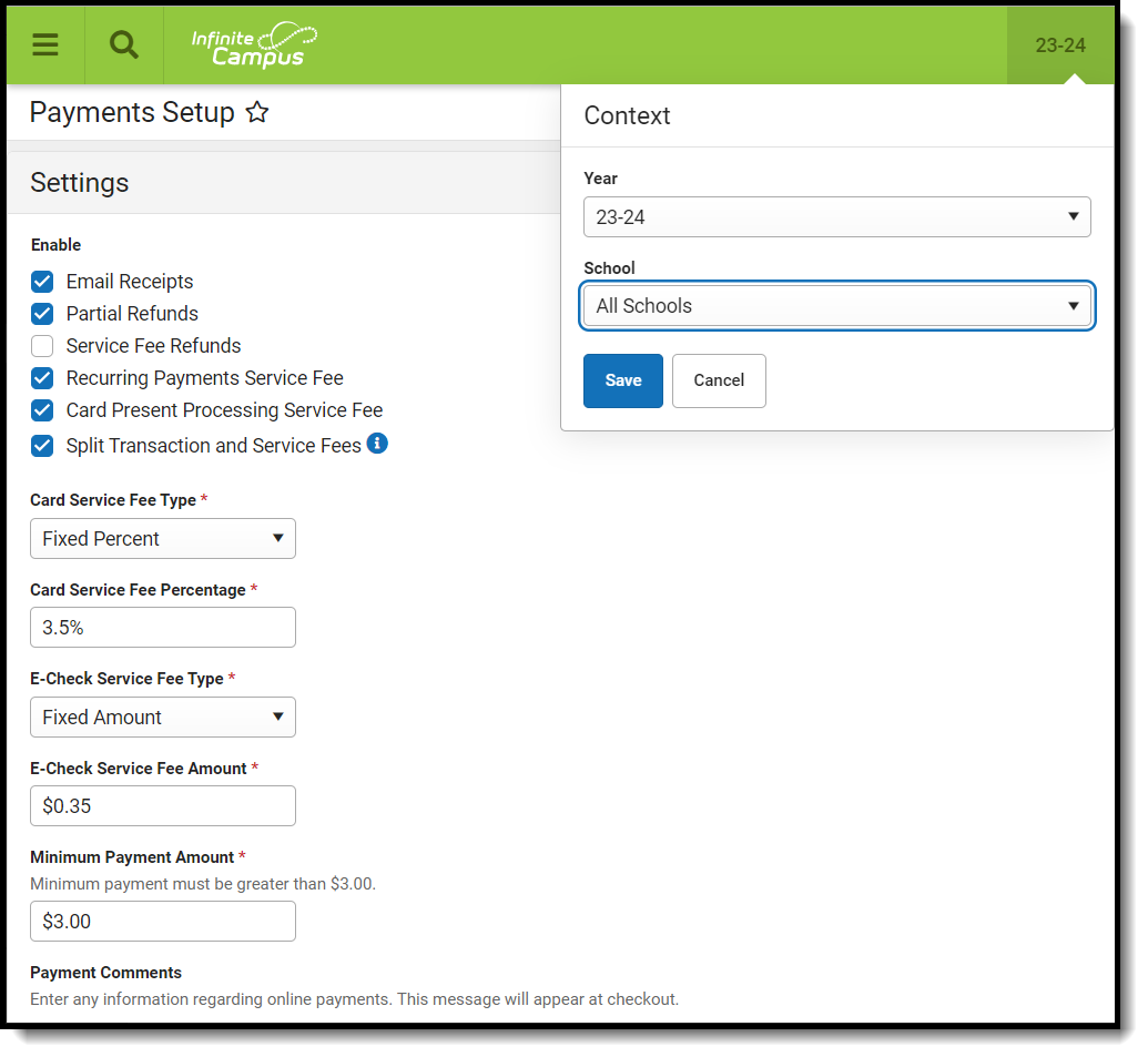 Screenshot of Payments Settings for all schools.