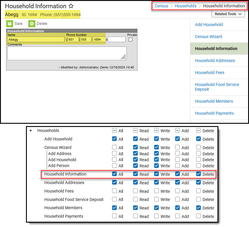 Screen capture of Household Information tool with tool rights beneath it.