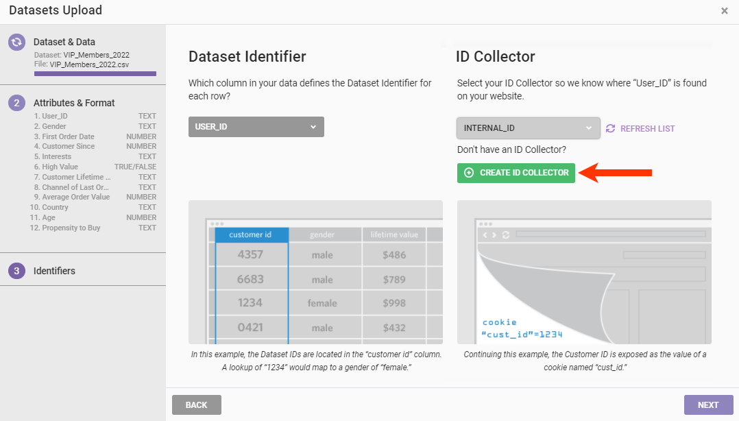 Callout of the CREATE ID COLLECTOR button of the Datasets Upload wizard