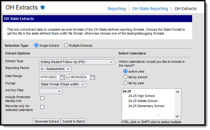 Screenshot of the Ohio State Extracts: Exiting Student Follow Up (FW) Extract Editor