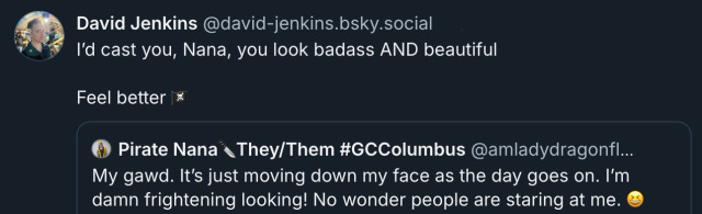 ‪David Jenkins‬ ‪@david-jenkins.bsky.social‬ I’d cast you, Nana, you look badass AND beautiful Feel better 🏴‍☠️  ‪Pirate Nana🔪They/Them #GCColumbus‬ ‪@amladydragonfly.bsky.social‬ My gawd. It’s just moving down my face as the day goes on. I’m damn frightening looking! No wonder people are staring at me. 😆