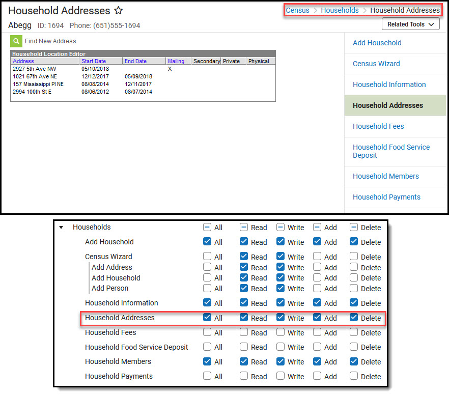 Screenshot of Household Addresses tool with screenshot of tool rights beneath.