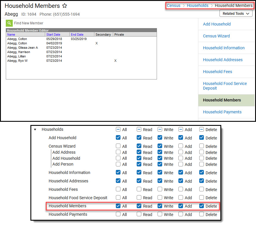 Screenshot of Household Members tool with screenshot of tool rights beneath.