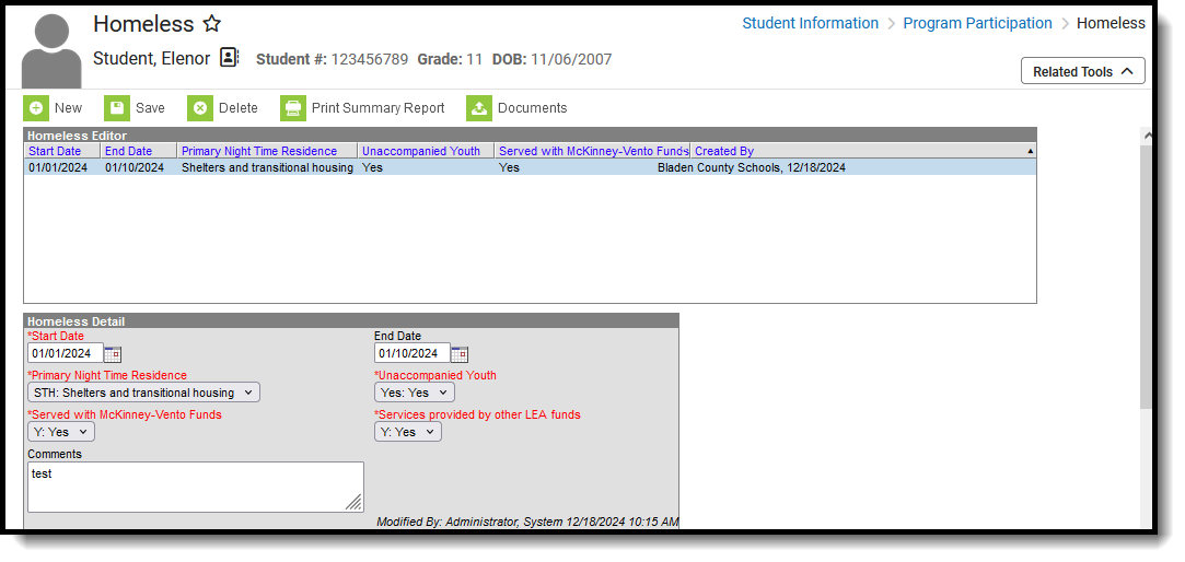 Screenshot of the student's Homeless tool, located at Student Information, Program Participation. 