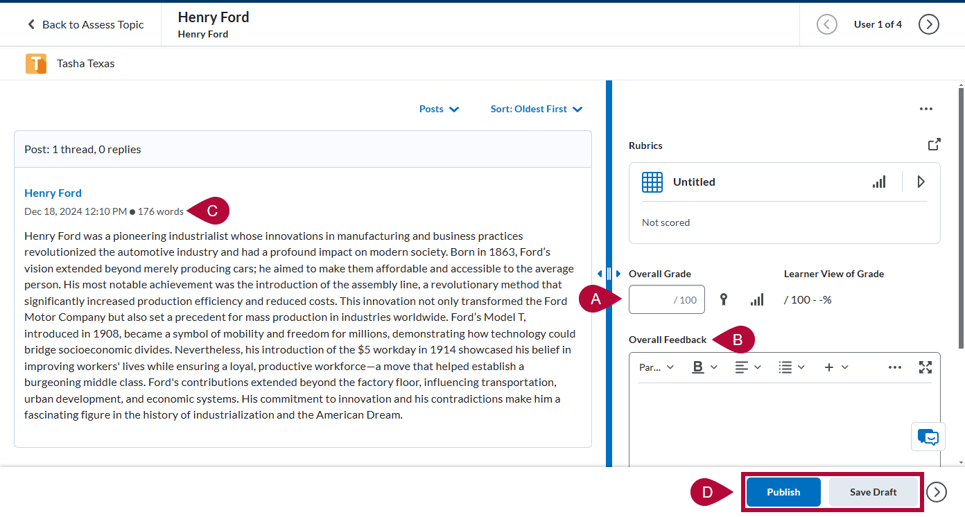 Identifies word count, Publish and Save Draft buttons also indicates score and feedback fields.