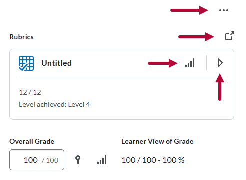 Indicates options menu and rubric access, Identifies rubric statistics.