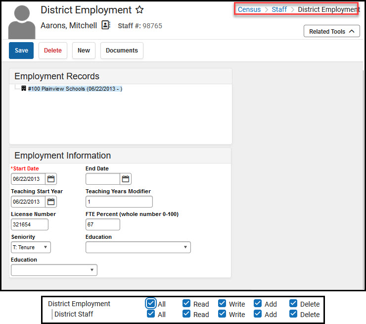 Screenshot of District Employment tool and tool rights