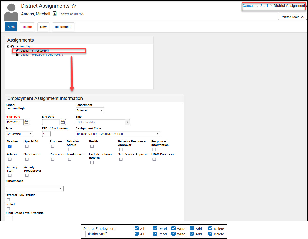 Screenshot of District Assignments tool with tool rights beneath it.