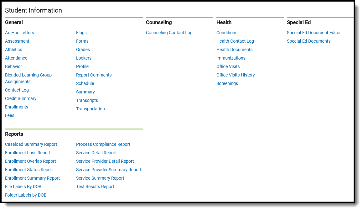 Screenshot of Student Information module with suggested tool rights for principals. 