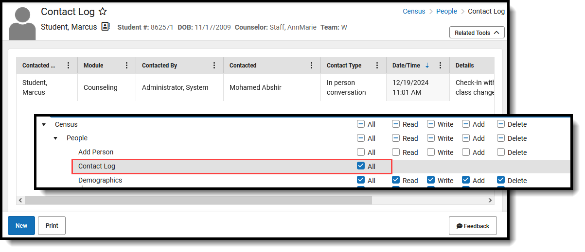 Screenshot of the Contact Log and available tool rights. 