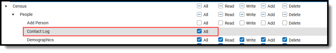 Screenshot of the Contact Log ALL tool rights. 