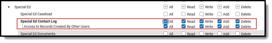 Screenshot of the tool level tool rights for contact log