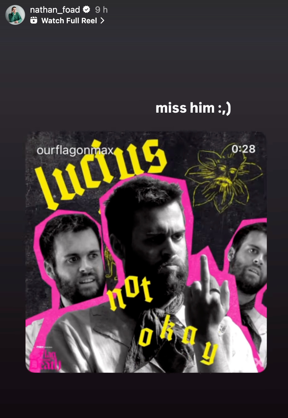 Screenshot of Nathan's Instagram story with the OurFlagOnMax's post showing the video thumbnail, consisting of three cut-out pictures of Lucius, his name and the words 