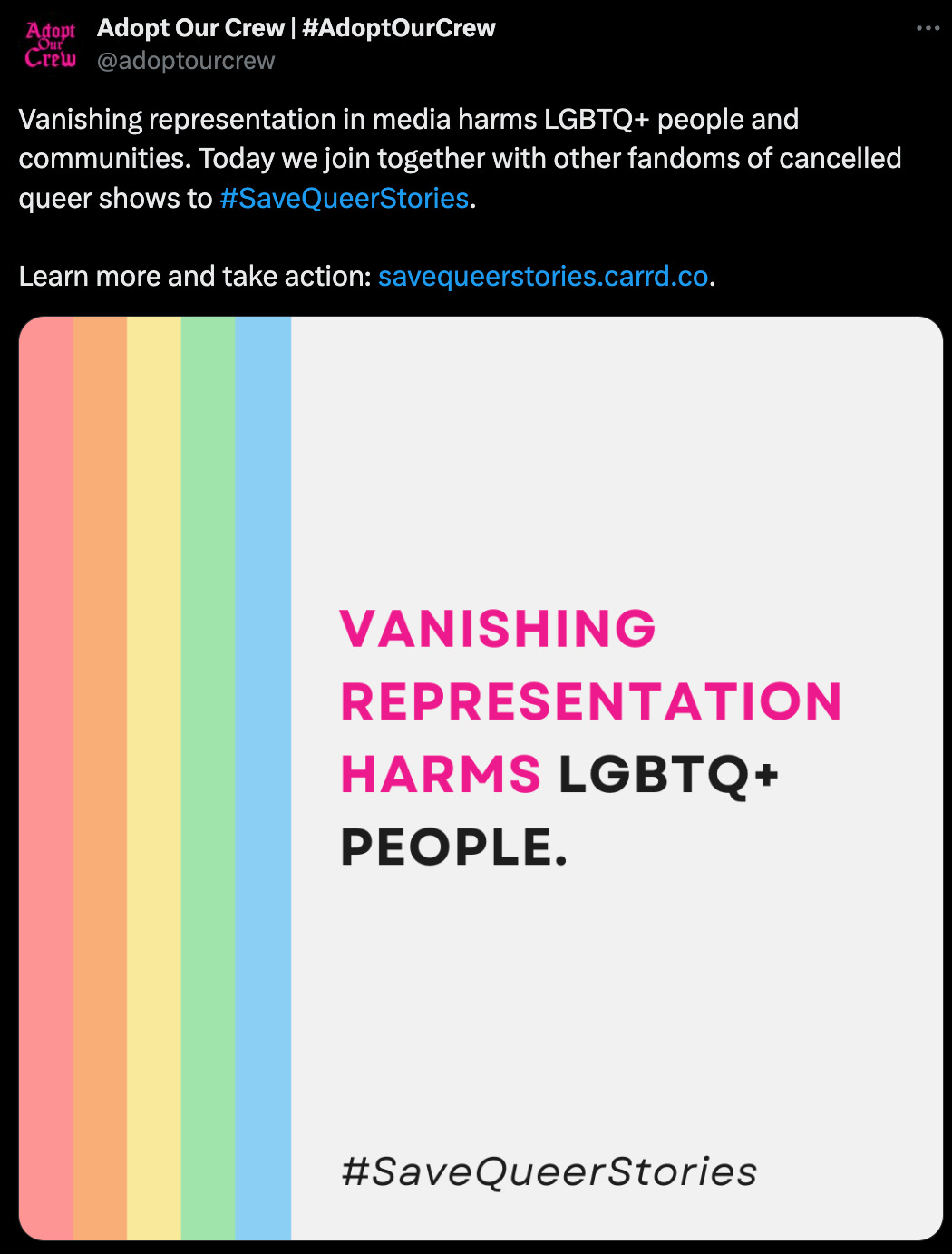 Vanishing representation in media harms LGBTQ+ people and communities. Today we join together with other fandoms of cancelled queer shows to #SaveQueerStories.   Learn more and take action: https://savequeerstories.carrd.co.