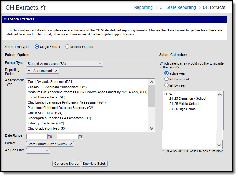 Screenshot of the Ohio Student Assessment (FA) Extract Editor