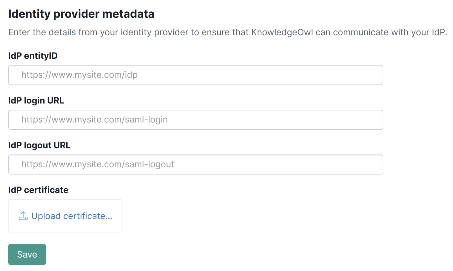 The identity provider metadata section of the Single sign-on SAML settings tab. All the fields are empty.