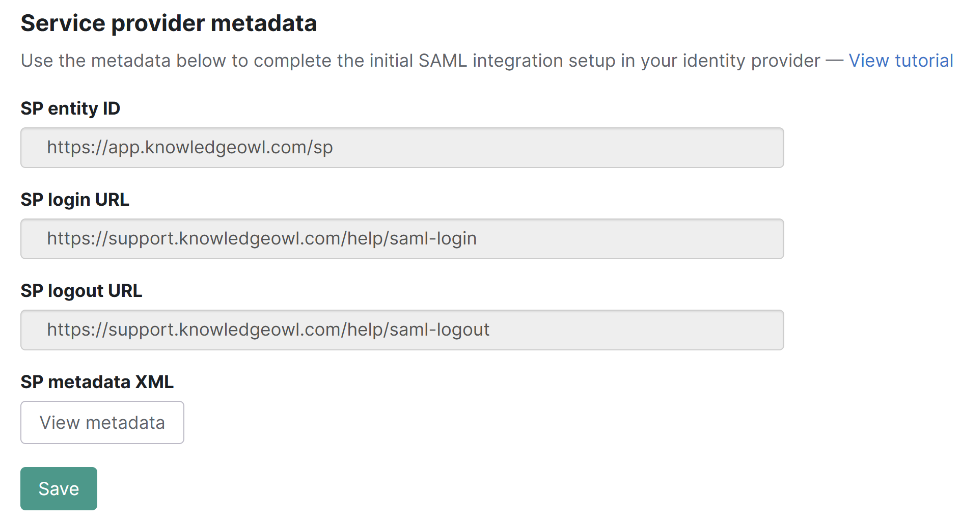 The Service provider metadata section of the Single sign-on SAML settings tab.