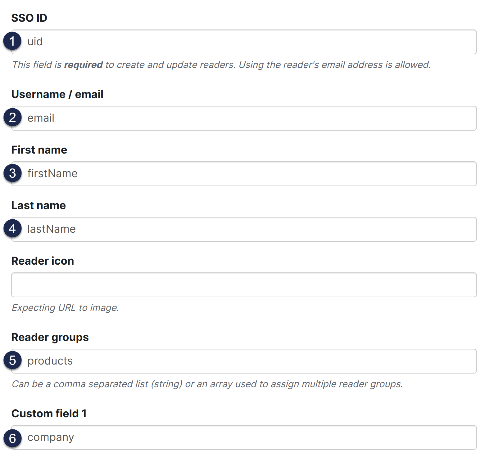 A SAML attribute map with values entered for Username / email, First name, Last name, Reader groups, and Custom field 1.