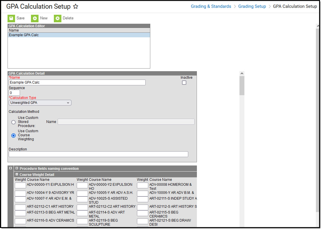 Screenshot showing GPA Calculation Setup Editor with Course Weight detail expanded