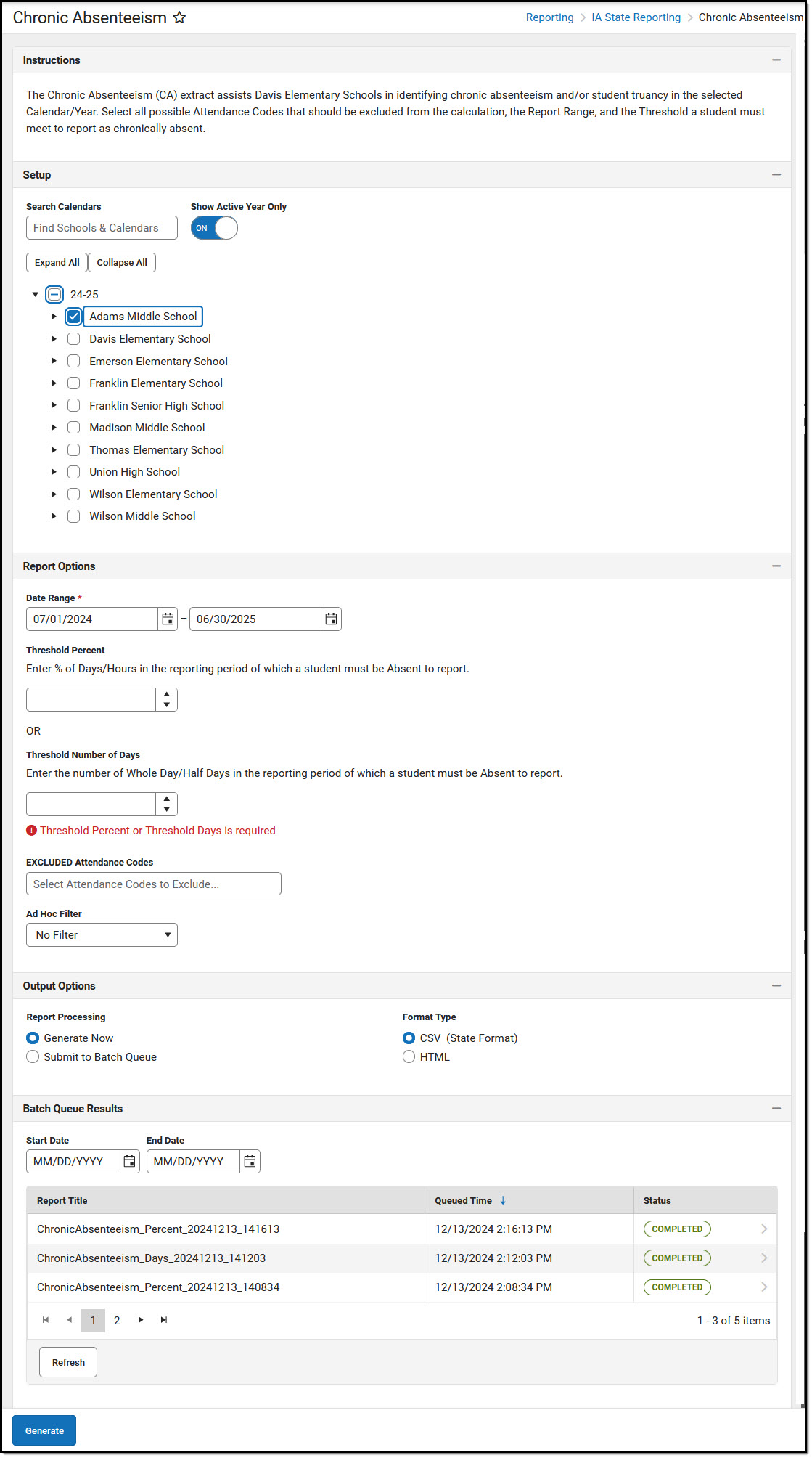 Screenshot of the Iowa Chronic Absenteeism tool editor.