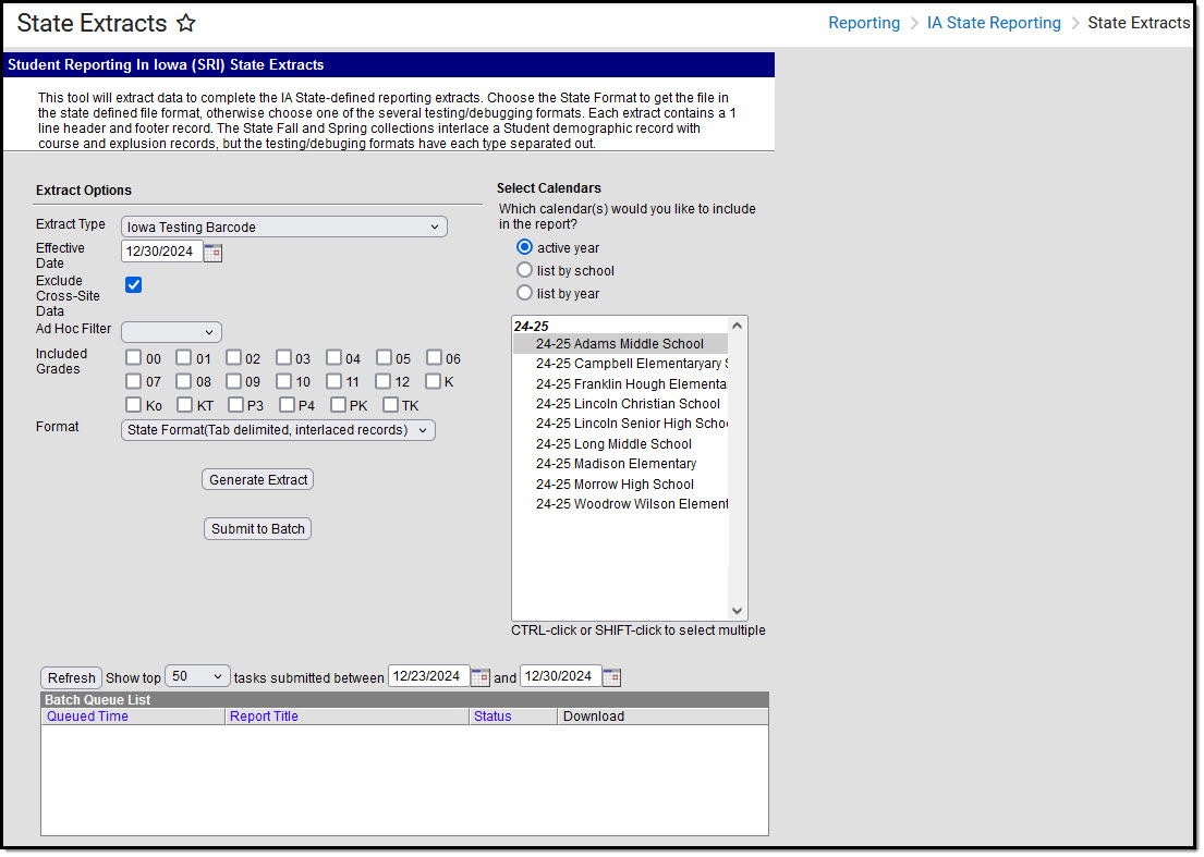 Screenshot of Iowa State Extracts tool with Iowa Testing Barcode extract type selected.