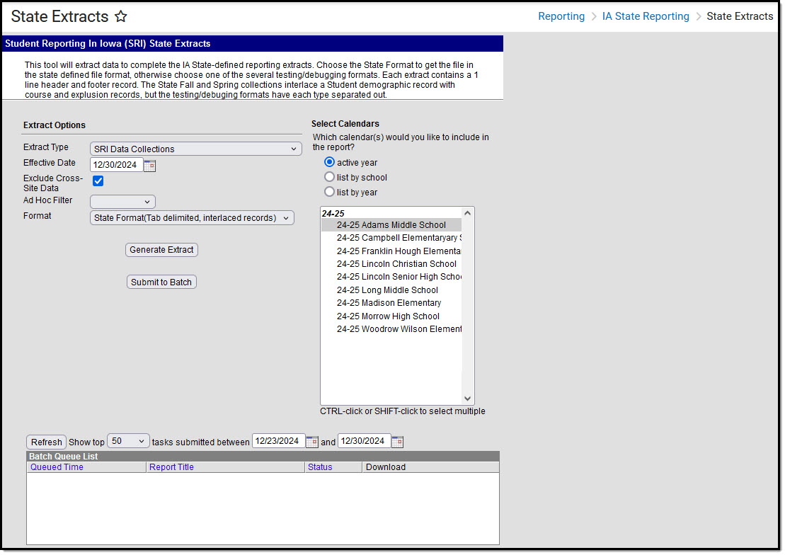 Screenshot of tIowa State Extracts with SRI Data Collections extract type selected.