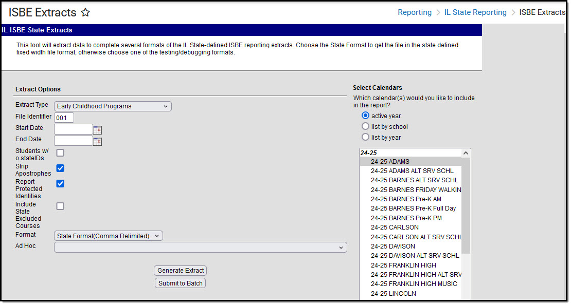 Screenshot of the ISBE Early Childhood Programs extract editor. 