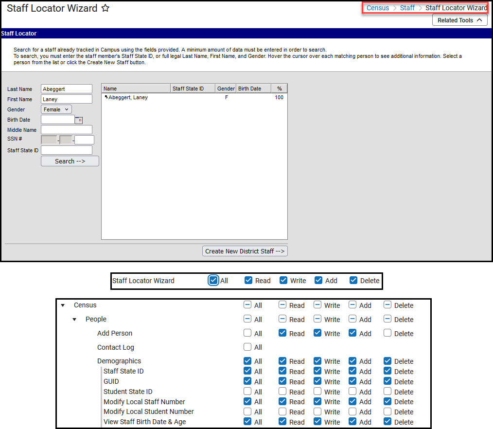 Screenshot of Staff Locator Wizard with tool rights below.