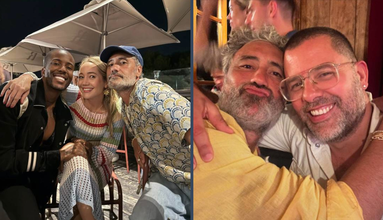 Two photos of Taika and friends. In the first, Taika poses with a man and a woman in an outside seating area of a bar or restaurant. They are sitting in wooden chairs and all leaning in for the photo. Taika is giving a small, close lipped smile while the other two are smiling broadly. The second photo is a close-up or selfie of Taika and another man with their hands around each other's shoulders. Taika is making a funny face, his lips in a pout, while his friend smiles at the camera.