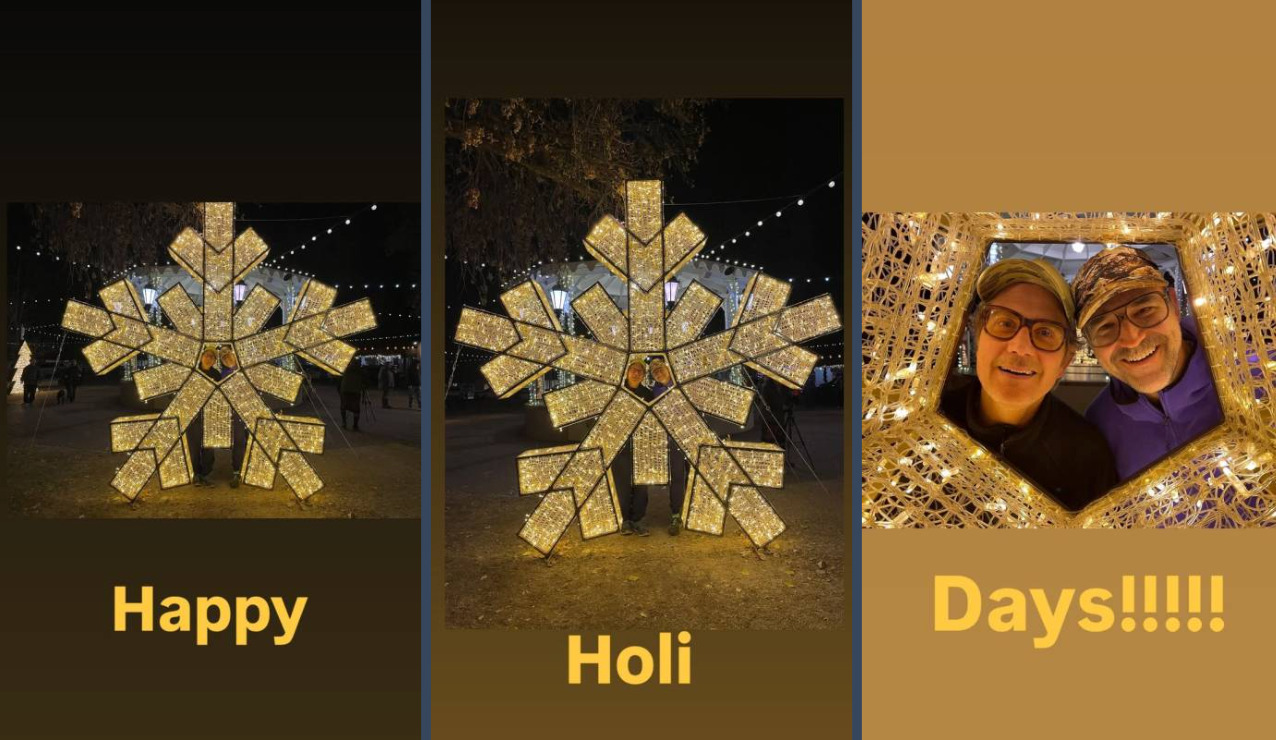 Three photos side by side. In the first two, we see a large, lit up snowflake sculpture with Brian and Connor's faces peeking through a hole at the centre. The third photo is a close-up of the same, zoomed in on their smiling faces. Text at the bottom of each photo reads 