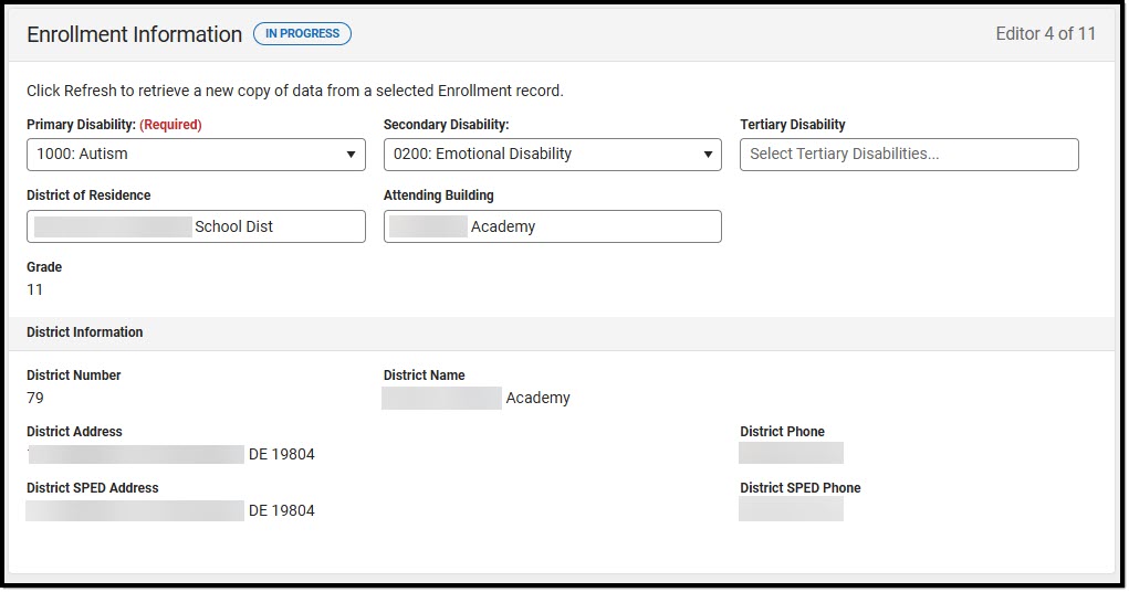 Screenshot of the Enrollment Information editor with Autism selected as the Primary Disability.