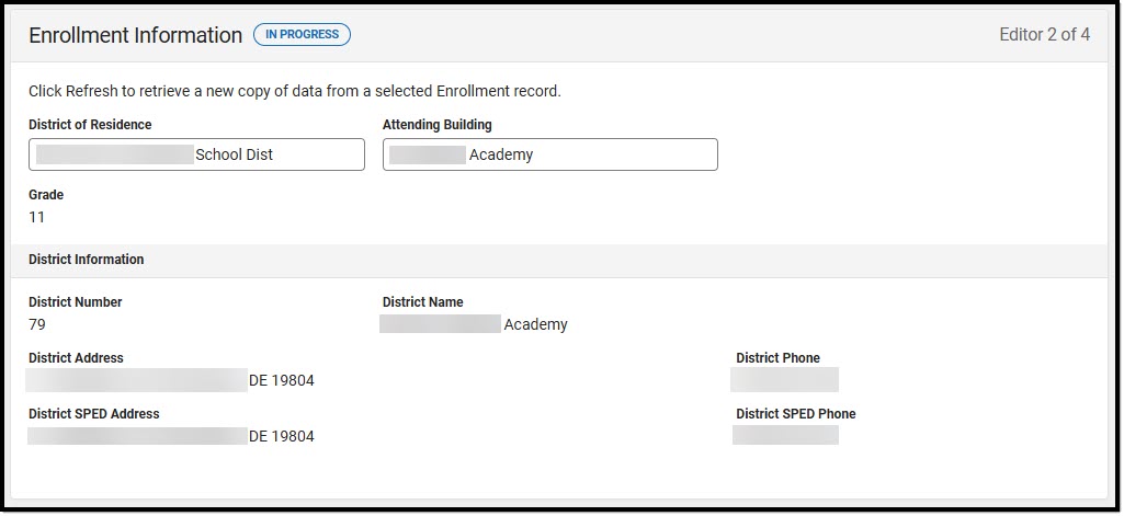 Screenshot of the Enrollment Information editor.