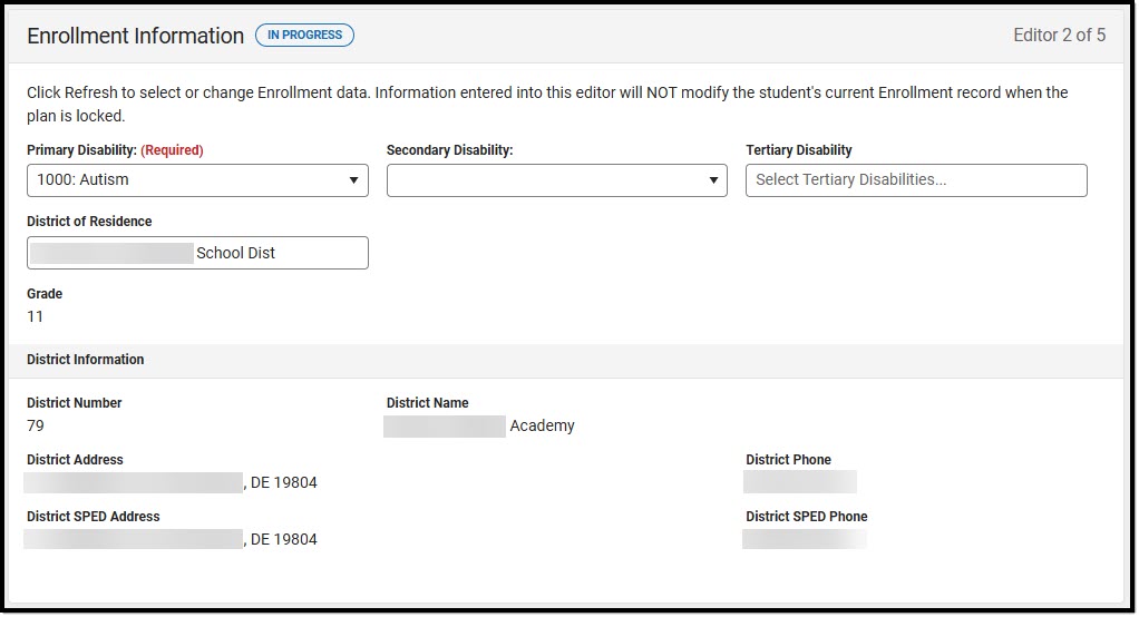 Screenshot of the Enrollment Information Editor.