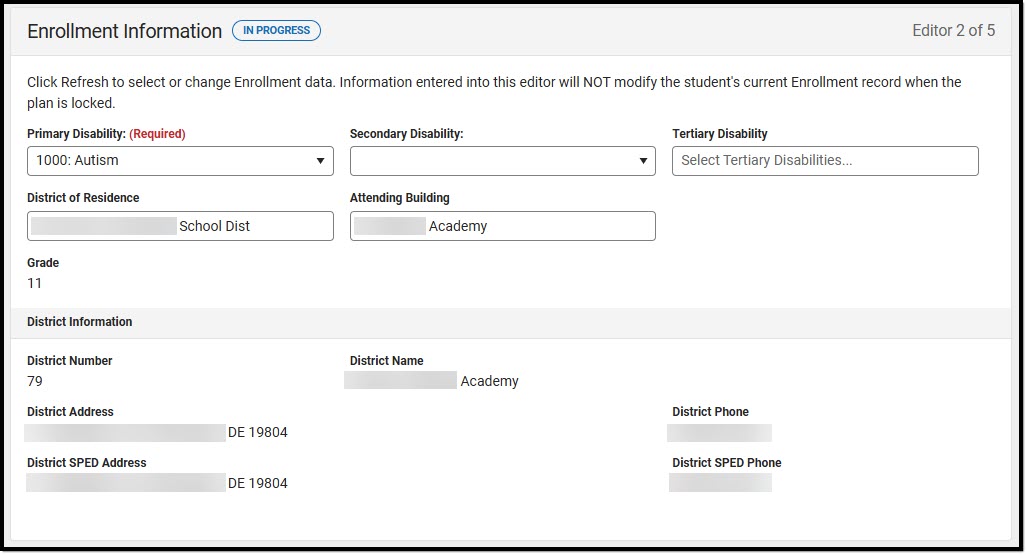 Screenshot of the Enrollment Information editor with Autism selected as the Primary Disability.