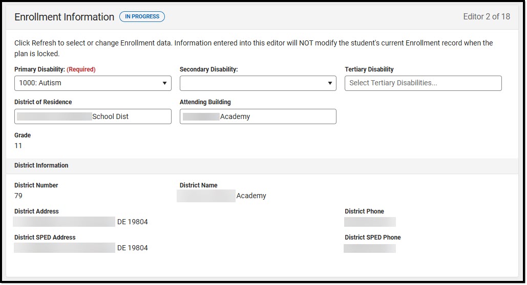 Screenshot of the Enrollment Information Editor.