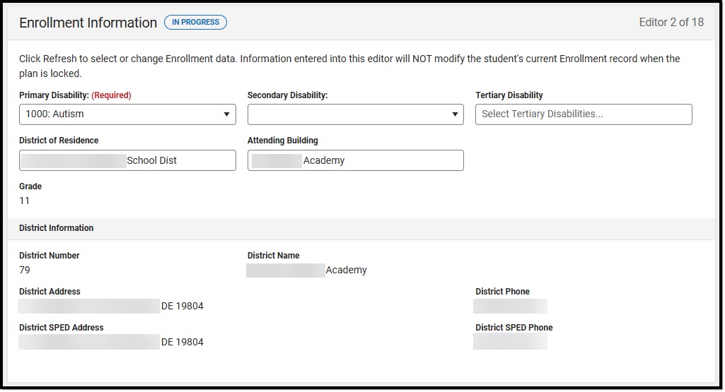 Screenshot of the Enrollment Information Editor. 