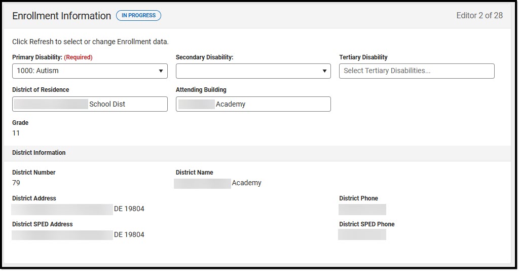 Screenshot of the enrollment information editor.