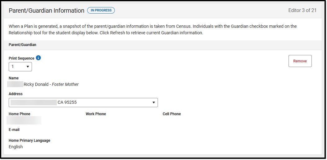 Screenshot of the Parent/Guardian Information Editor.