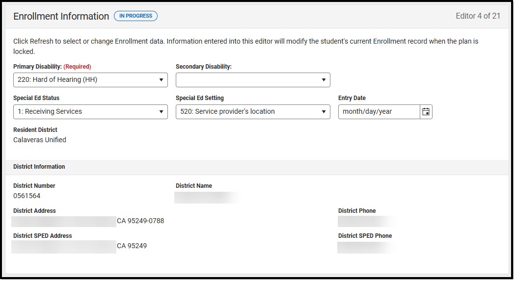 Screenshot of the Enrollment Information Editor.