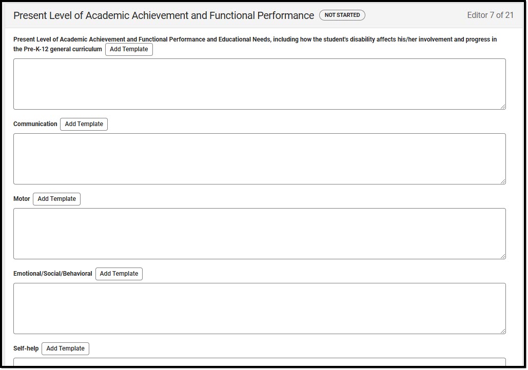 Screenshot of the Present Level of Academic Achievement and Functional Performance Editor.