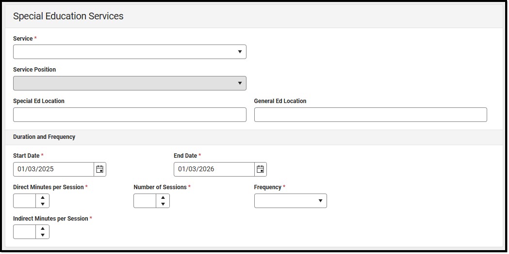 Screenshot of the Special Education Services Detail Screen.