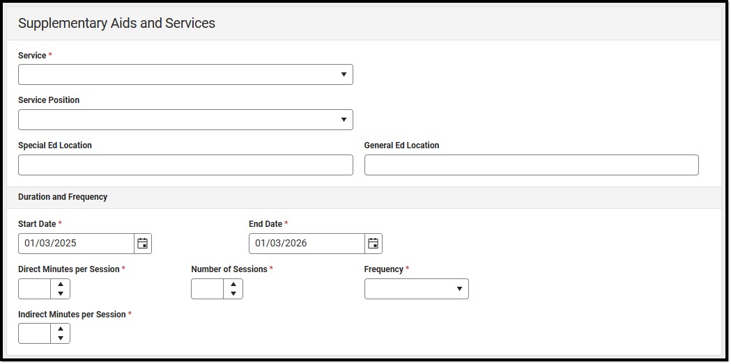 Screenshot of the Supplementary Aids and Services Detail Screen.