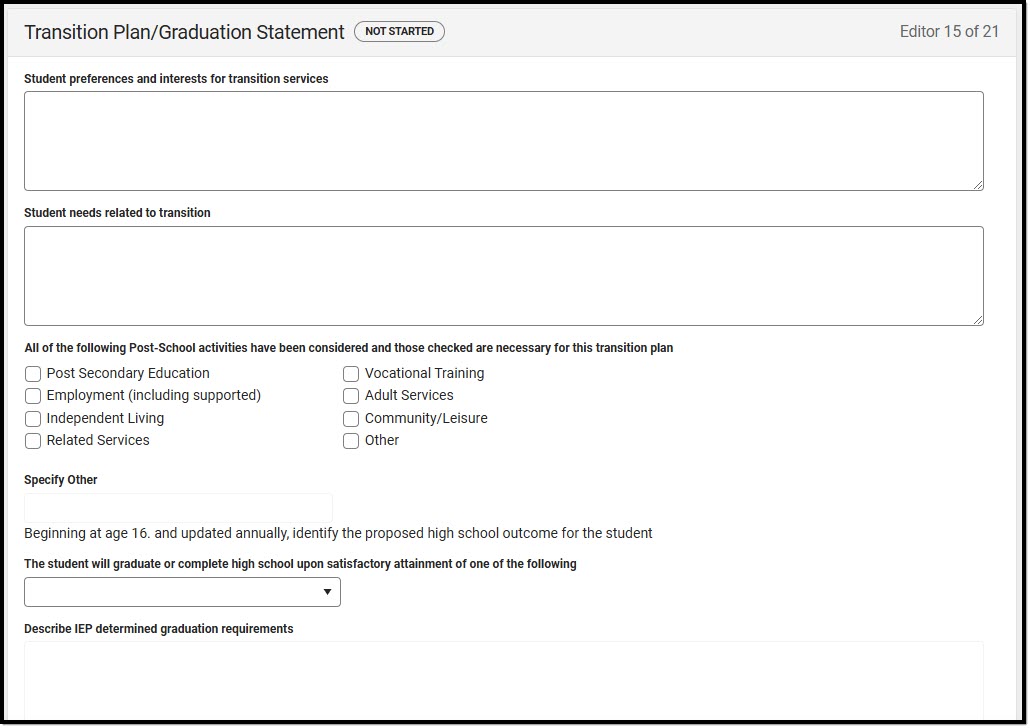 Screenshot of the Transition Plan/Graduation Statement Editor.