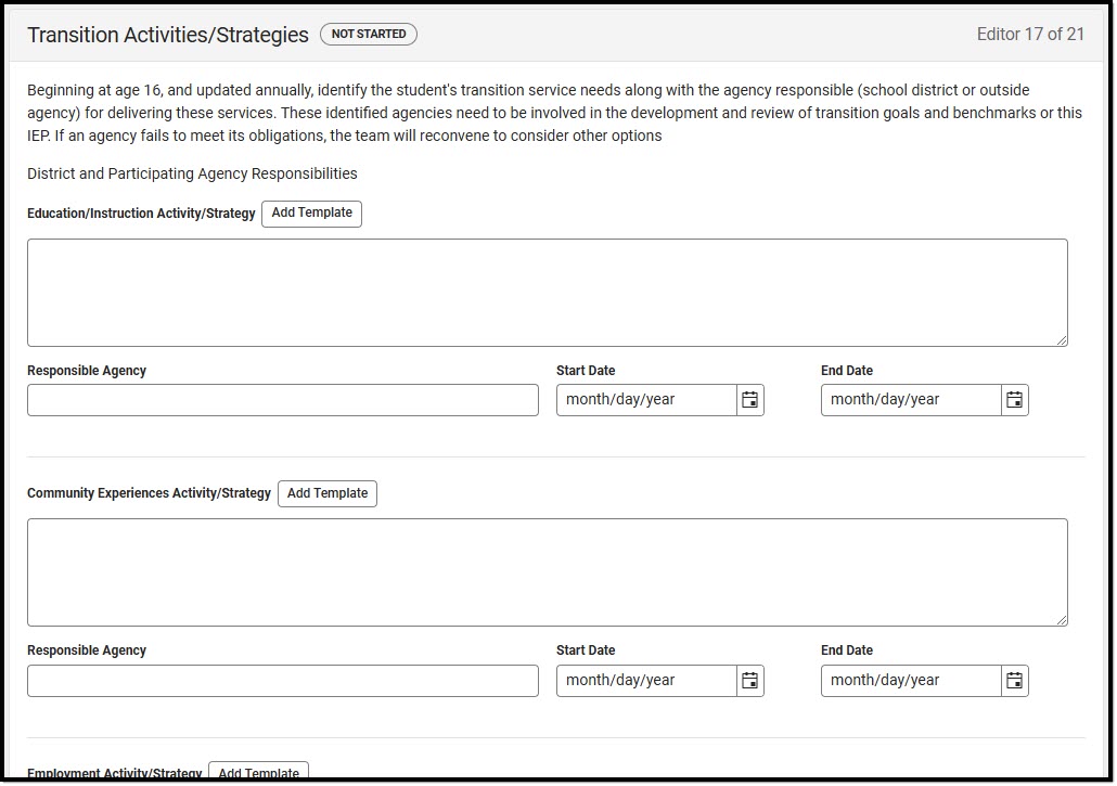 Screenshot of the Transition Activities/Strategies Editor.