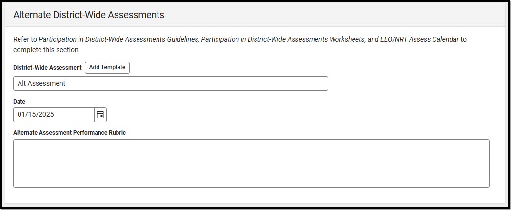 Screenshot of the Alternate District-Wide Assessments Detail Screen.