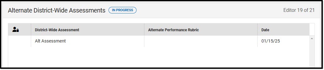 Screenshot of the Alternate District-Wide Assessments List Screen.